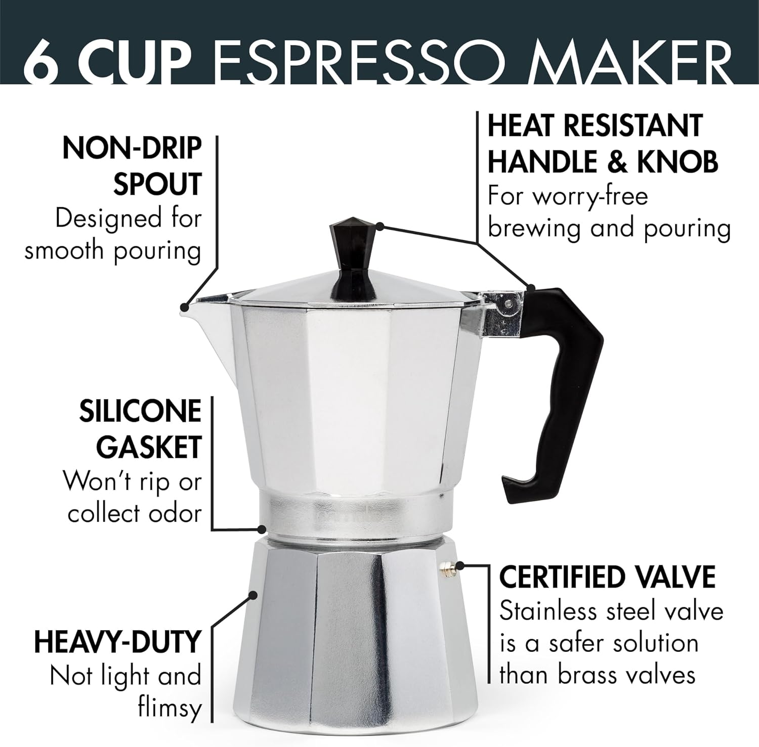 Primula Classic Stovetop Espresso and Coffee Maker, Moka Pot for Italian and Cuban Café Brewing, Greca Coffee Maker, Cafeteras, 6 Espresso Cups, Silver